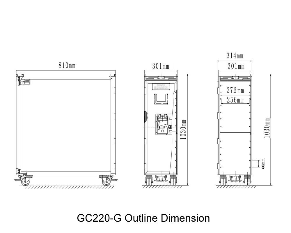 GC220-G 드라이아이스 트레이가 포함된 풀 사이즈 식사 트롤리 외형 치수