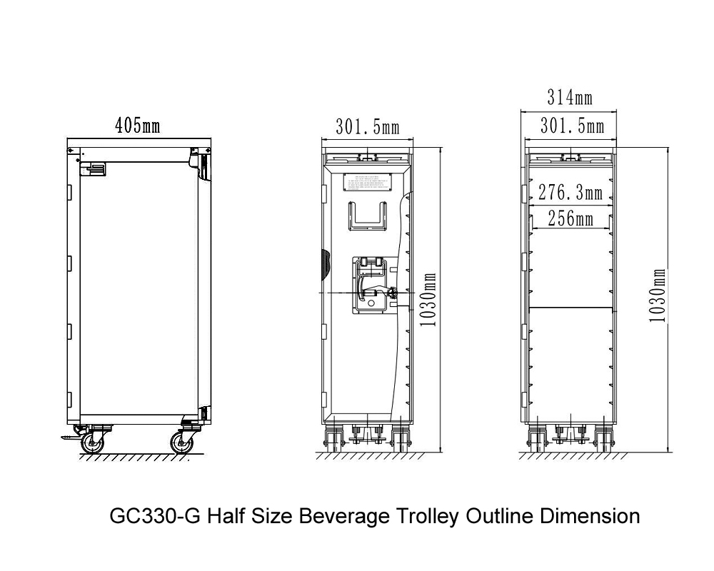 GC330-G Chariot repas demi-taille avec bac à glace carbonique Dimensions du contour