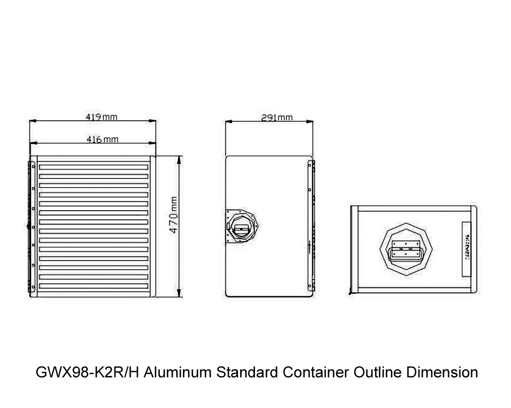 Dimensión del contorno del contenedor estándar de aluminio GWX98-K2R-H